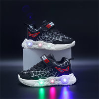 Novos calçados esportivos infantis de desenho animado com luzes na primavera e no outono, calçados infantis luminosos de couro com teia de aranha LED para meninos de 1 a 6 anos  Preto
