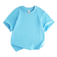 Camiseta de manga corta absorbente de sudor de color sólido de algodón puro con cuello redondo suelto para niños  Azul claro