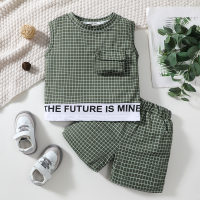 2-piece Toddler Boy Pure Cotton 2 in 1 Plaid Letter Pattern Pocket Front T-shirt & Matching Shorts  Gray