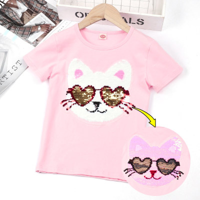 Camiseta de manga corta con estampado de gato y lentejuelas cambiables para niños pequeños