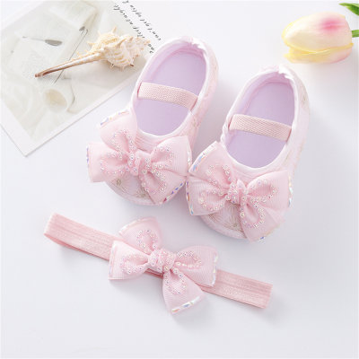 Baby bow rhinestone shoes headband set princess shoes