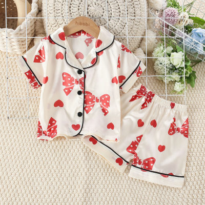 2-piece Toddler Girl Satin Silk Bowknot and Heart Printed Short Sleeve Top & Matching Shorts