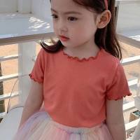 Ice silk short-sleeved T-shirt, new Korean version, girls and babies, versatile summer clothes, striped, stylish, fungus-edged tops for children and middle-aged children  watermelon red