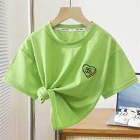 Children's summer short-sleeved T-shirt boys' round neck sports tops baby girl's embroidered versatile bottoming shirt summer Korean version  Green