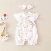 ملابس صيفية رقيقة للأطفال الرضع من قطعة واحدة بأكمام قصيرة  أبيض