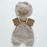 Children's summer plaid overalls suit baby boy and girl round neck T-shirt two-piece set with hat  Camel