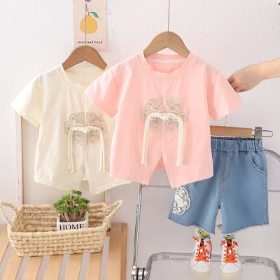 Girls summer shirt suit 2024 new style children's baby summer children's triangle Tang suit short-sleeved suit