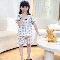 Children's thin home clothes suit little girl short-sleeved shorts pajamas bubble girl small fresh two-piece suit  Multicolor