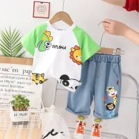 Boys and children's clothing summer clothing 2023 new cartoon cute printed round neck short-sleeved shorts suit children's clothing trendy children  Green