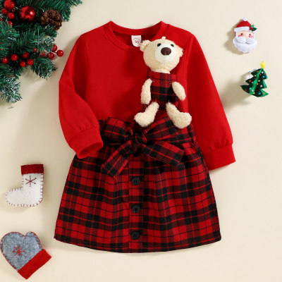 Maglione con orsetto rimovibile natalizio in 2 pezzi per bambina e gonna frontale con fiocco scozzese
