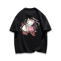 Camiseta de manga corta con estampado de gato de dibujos animados, top de dibujos animados lindo y versátil  Negro
