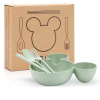 Baby food supplement divided plate wheat straw children's tableware four-piece set  Green
