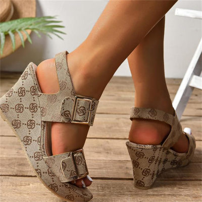 Summer new round toe wedge heel buckle strap printed sandals thick bottom high heels