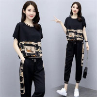 Women's casual printed pattern sports suit  Black