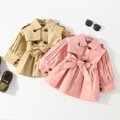 Toddler Girl Solid Color Lapel Bowknot Belted Button-up Trench Coat