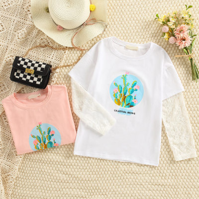 Girls Baby Fashion Lace Botanical Applique Fake Two Piece T-Shirt