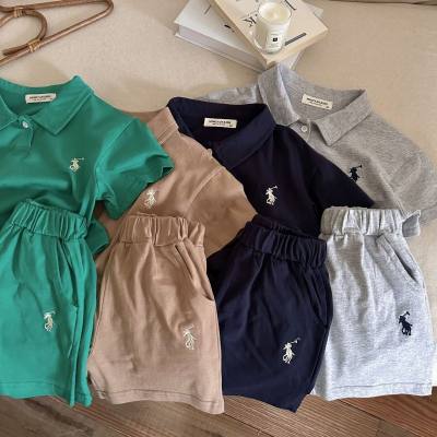Korean style children's suit summer new embroidered polo shirt for boys and girls, baby short-sleeved shorts, fashionable two-piece set