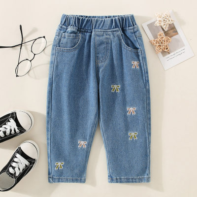 Toddler Girl Pure Cotton Bowknot Embroidered Elasticized Denim Pants