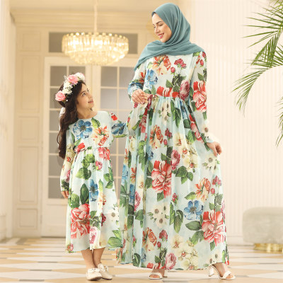 Elegant Floral Print Round Neck Long Sleeve Dress for Mom and Me