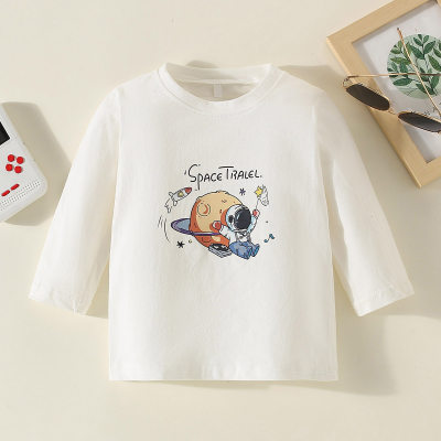 T-shirt a maniche lunghe con stampa di lettera e astronauta in puro cotone per bambino