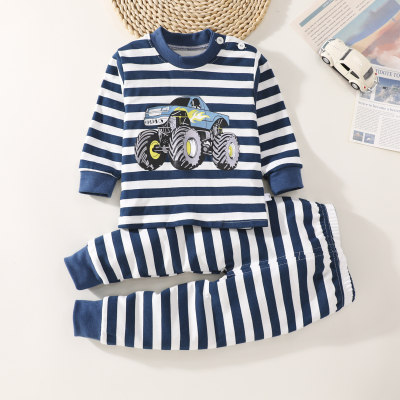 2-piece Toddler Boy Pure Cotton Striped Vehicle Printed Long Sleeve Top & Matching Pants