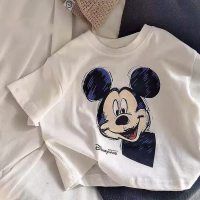 Camiseta de algodón puro para niños, camiseta de manga corta con dibujos animados de bebé, Mickey, nuevo estilo, verano 2024  Blanco