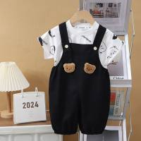 Summer short-sleeved suits for boys and girls, new style, infant suspenders, two-piece suits, Korean style, going out clothes  Black