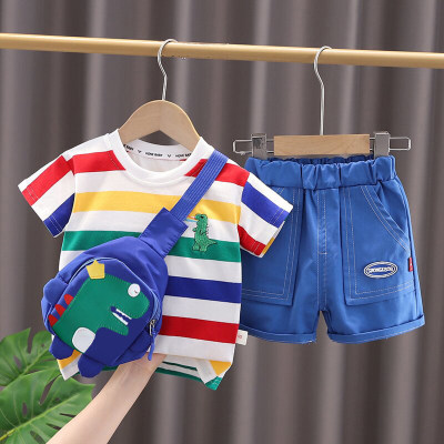 Boys' new summer set, young children, fashionable striped dinosaur bag, short-sleeved three-piece set, trendy style with bag