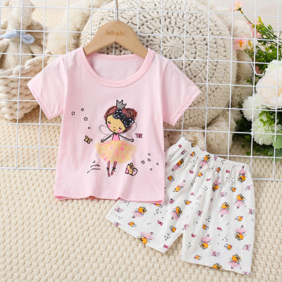 T-shirt a maniche corte stampata con figura di cartone animato in puro cotone da bambina in 2 pezzi e pantaloncini abbinati