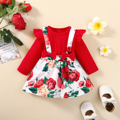 Baby Girl Floral Patchwork Bowknot Decor Long Sleeve Dress