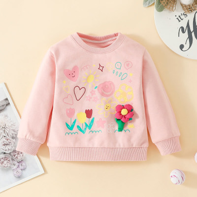 Toddler Girl 100% Cotton Floral Printed 3D Flower Decor Sweatshirt