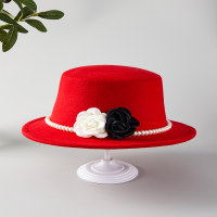 قبعة مزخرفة بالزهور والخرز بلون سادة من القطن الخالص للفتيات الصغيرات  أحمر
