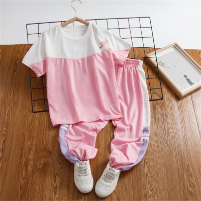 Girls' fashionable mesh breathable sports suit with contrasting letters and short-sleeved trousers, two-piece suit