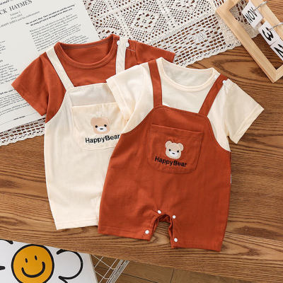 Summer new style infant and toddler fashionable fake two-piece suspender jumpsuit super cute cartoon bear short-sleeved crawl suit