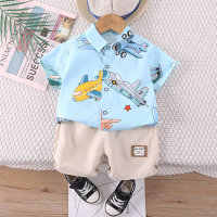 Foreign trade children's clothing short-sleeved children's summer clothing new boys' suits wholesale children's lapel thin shirt two-piece set  Blue