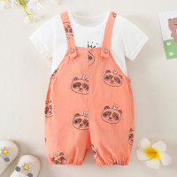 Baby Boy Cartoon Panda Pattern T-shirt & Printed Overalls  Orange