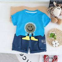 Children's suit boy's T-shirt short-sleeved solid color casual denim shorts two-piece suit  Blue