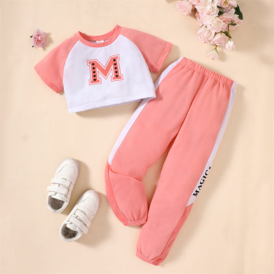 2-piece Kid Girl Color-block Letter Printed Short Sleeve T-shirt & Matching Pants