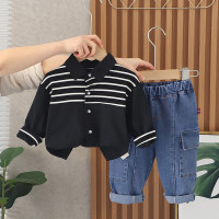 Jungenmode gestreiftes Hemd Frühling dünnes Langarm-Revershemd Freizeithemd Jeans Kinder zweiteiliges trendiges Set  Schwarz