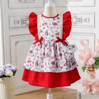 Toddler Girl's Floral And Rabbit Print Ruffle Trim Dress With Bag  Red