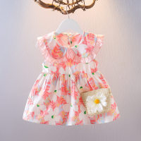 Vestido de verão novo estilo infantil verão bebê manga curta vestido de princesa roupas infantis vestido floral  Rosa