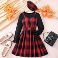 Kid Girl 2 in 1 Plaid Patchwork Belted Long Sleeve Dress with Matching Beret  Red