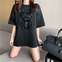 Camiseta holgada de manga corta con cuello redondo y estampado de oso para mujer  Negro