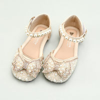 Toddler Girl Shiny Pearl Butterfly Leather Shoes  Beige