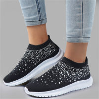 Rhinestone elastic socks shoes casual women's sports shoes MD bottom flying woven breathable light shoes  Black