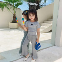 Girls suit summer new style modal high elastic heart print short sleeve flared slit trousers two piece suit  Gray