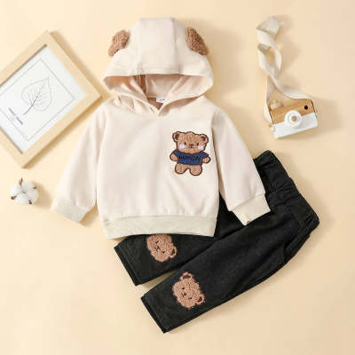 Abrigo y pantalones con capucha de manga larga con bordado de oso para bebé niña