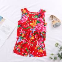 Children's vest suits, boys and girls summer thin cotton silk floral suspender shorts, baby cute two-piece suit  Red