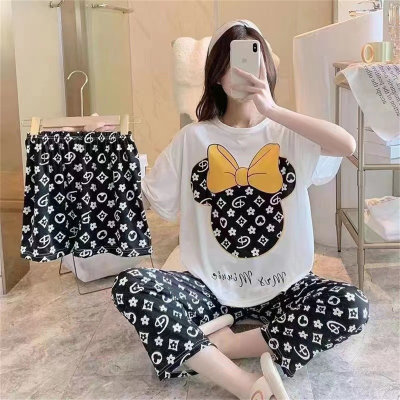 New three-piece pajamas for women summer short-sleeved loose Korean student large size ins can be worn outside home clothes set