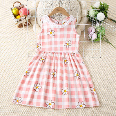 Toddler Girl Plaid Floral Printed Lace Spliced Sleeveless Dress